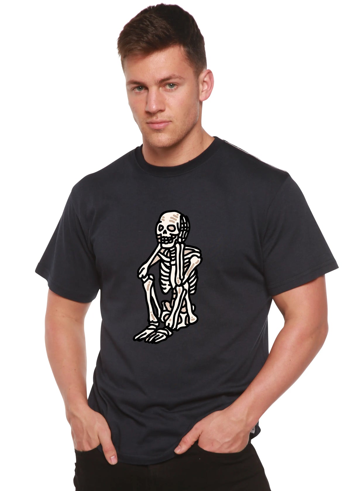 Sad Skeleton Halloween Unisex Bamboo Viscose/Organic Cotton Short Sleeve Graphic T-Shirt Spun Bamboo