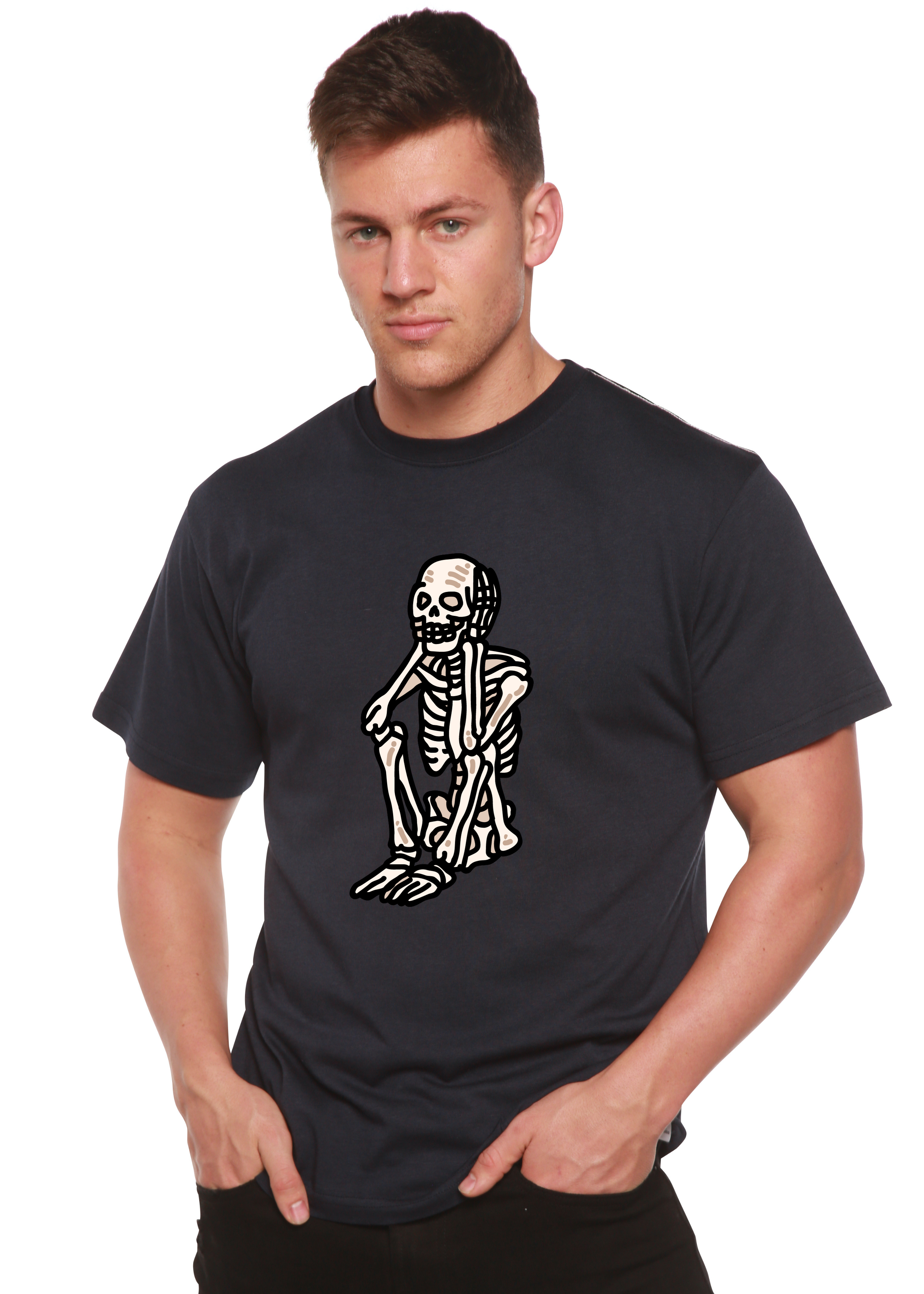 Sad Skeleton Halloween Unisex Bamboo Viscose/Organic Cotton Short Sleeve Graphic T-Shirt Spun Bamboo