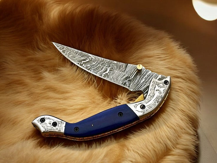 Handmade Damascus Pocket Knife – Blue Wood Handle Damascus Knife Store
