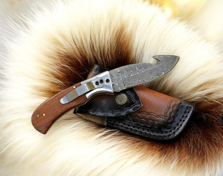 Handmade Damascus Steel Folding Knife with Rosewood Handle Damascus Knife Store