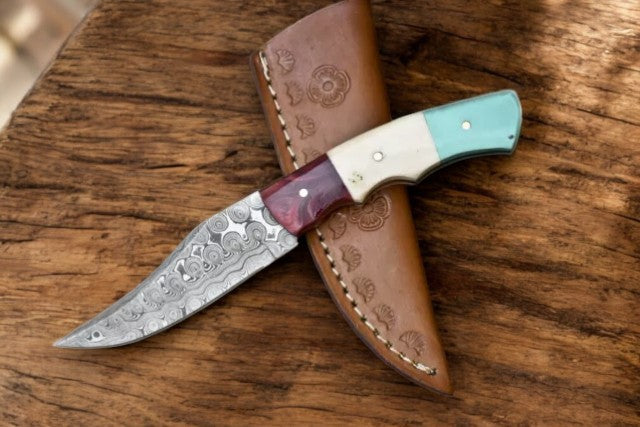 Handmade Damascus Skinner Knife with Bone & Resin Handle Damascus Knife Store