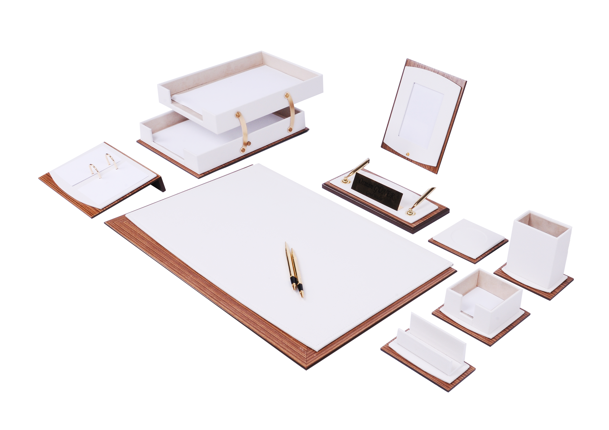 MOOG Star Leather Desk Set -Walnut Wood Combination -Double Document Tray - Green-11 PCS Moogdesk