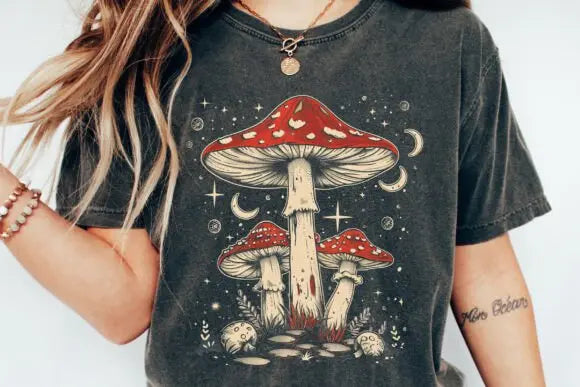 Boho Retro Hippie Mushrooms Natural Unisex Bamboo/Cotton Graphic T-Shirt Spun Bamboo