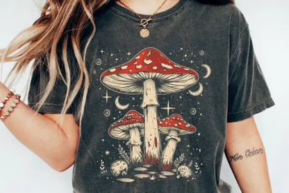 Boho Retro Hippie Mushrooms Natural Unisex Bamboo/Cotton Graphic T-Shirt Spun Bamboo