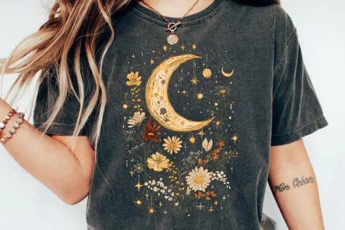 Celestial Moon Boho Flowers Vintage Unisex Bamboo/Cotton Graphic T-Shirt Spun Bamboo
