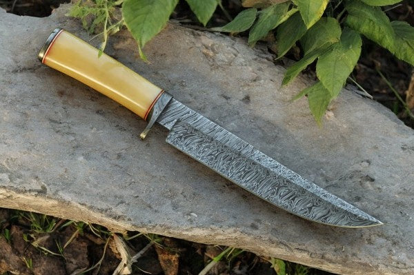 Handmade Damascus Bowie Knife with Bone Handle – 15" Damascus Knife Store