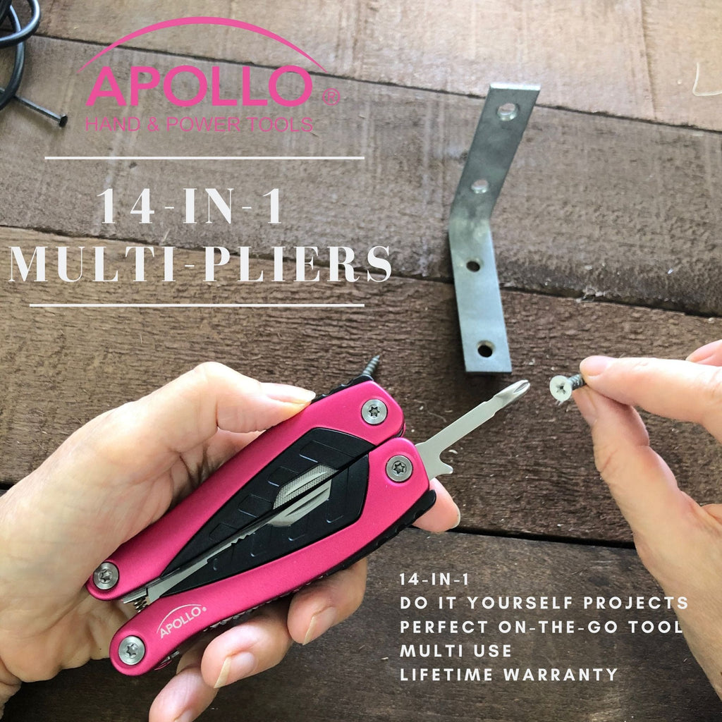 14-in-1 Pink High-Quality Pocket Multitool Pliers. Great for Outdoors, Camping, Fishing  --DT5015P Apollo Tools
