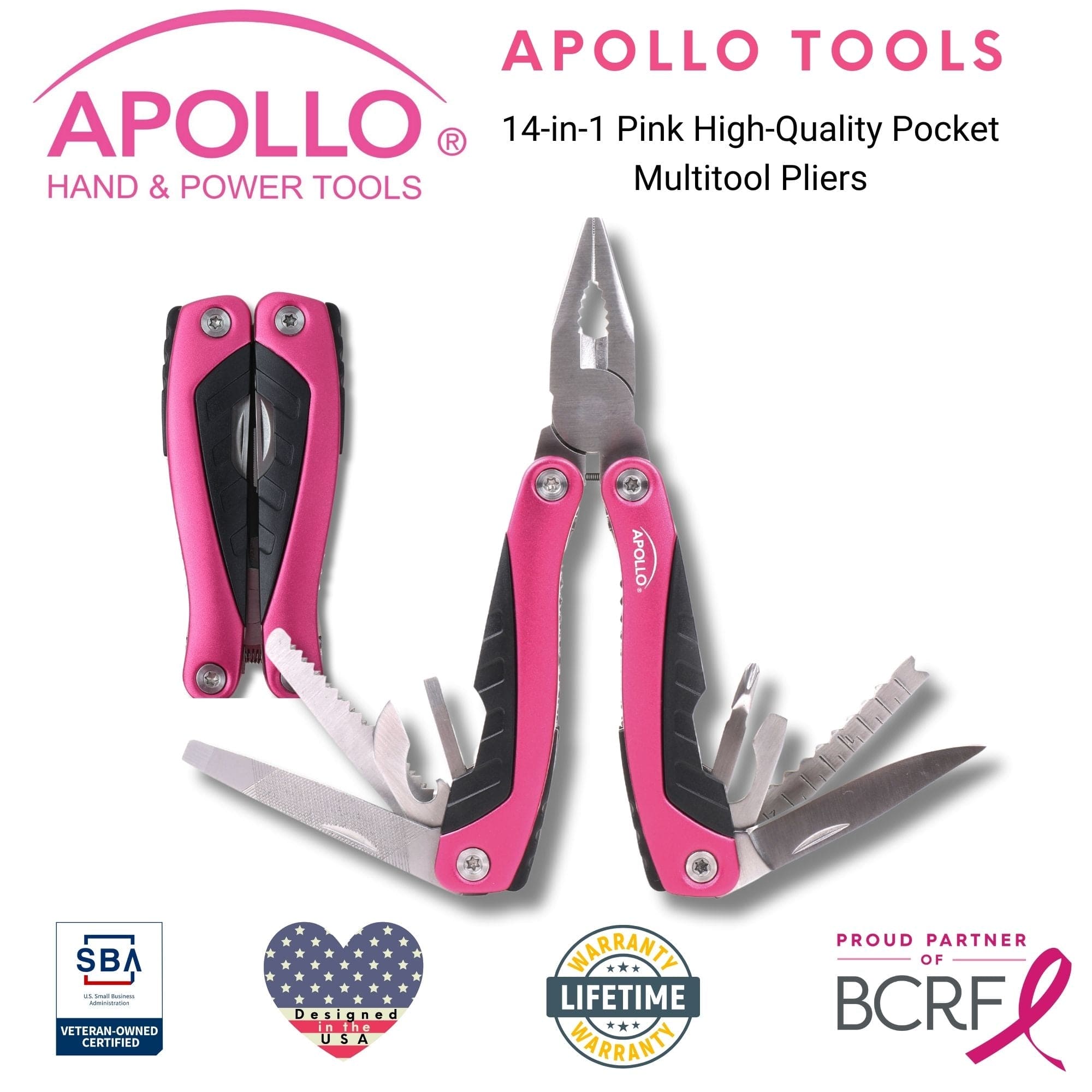 14-in-1 Pink High-Quality Pocket Multitool Pliers. Great for Outdoors, Camping, Fishing  --DT5015P Apollo Tools