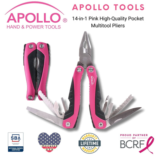 14-in-1 Pink High-Quality Pocket Multitool Pliers. Great for Outdoors, Camping, Fishing  --DT5015P Apollo Tools