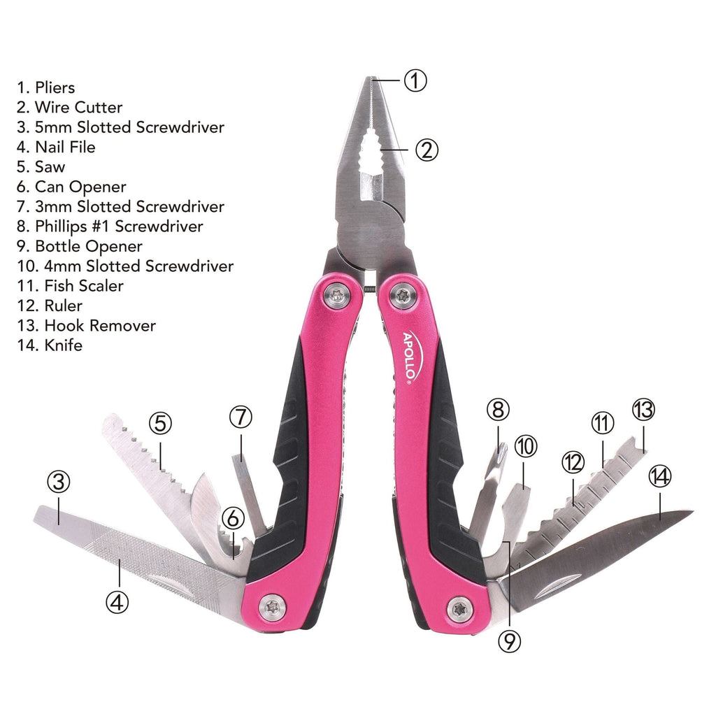 14-in-1 Pink High-Quality Pocket Multitool Pliers. Great for Outdoors, Camping, Fishing  --DT5015P Apollo Tools