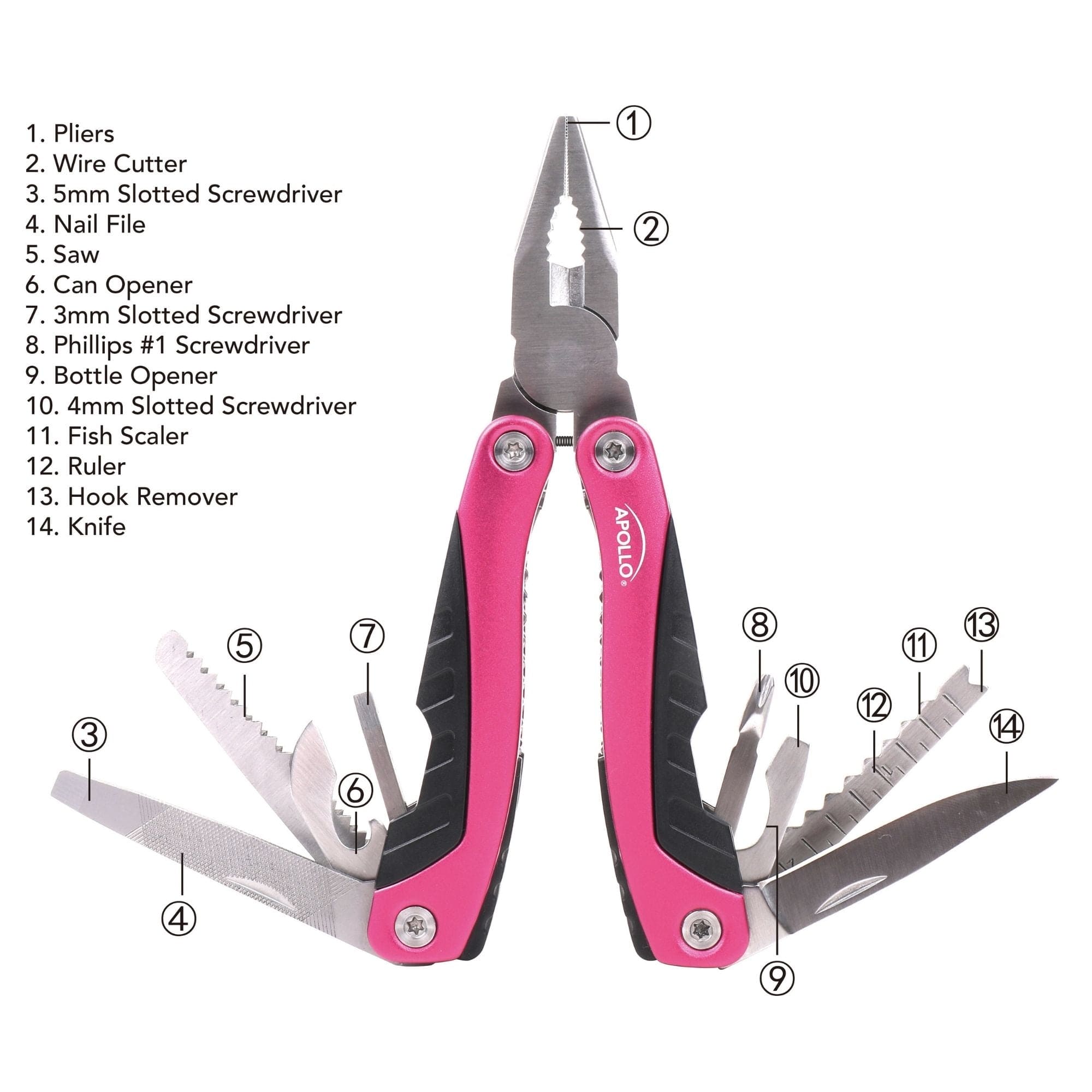14-in-1 Pink High-Quality Pocket Multitool Pliers. Great for Outdoors, Camping, Fishing  --DT5015P Apollo Tools