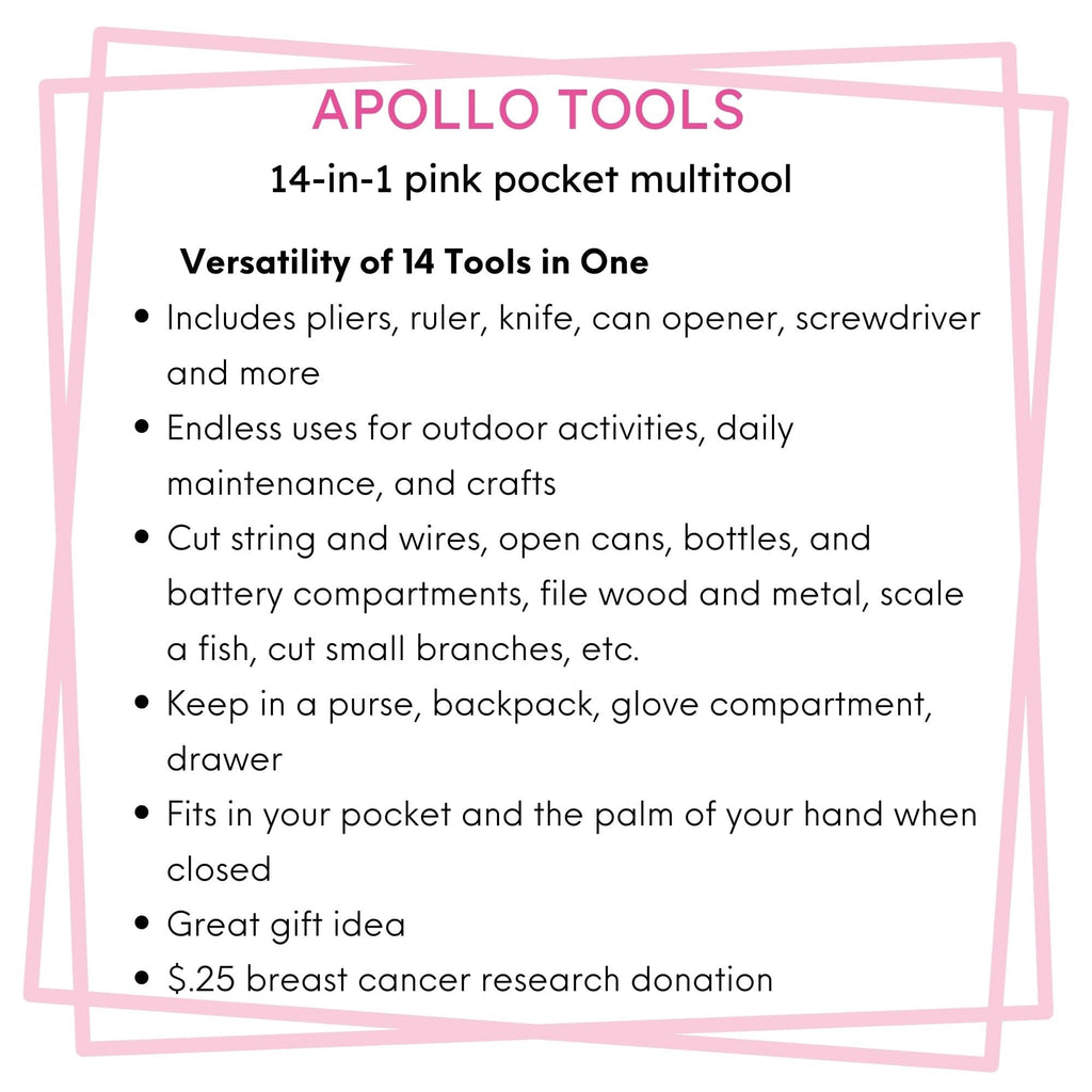 14-in-1 Pink High-Quality Pocket Multitool Pliers. Great for Outdoors, Camping, Fishing  --DT5015P Apollo Tools