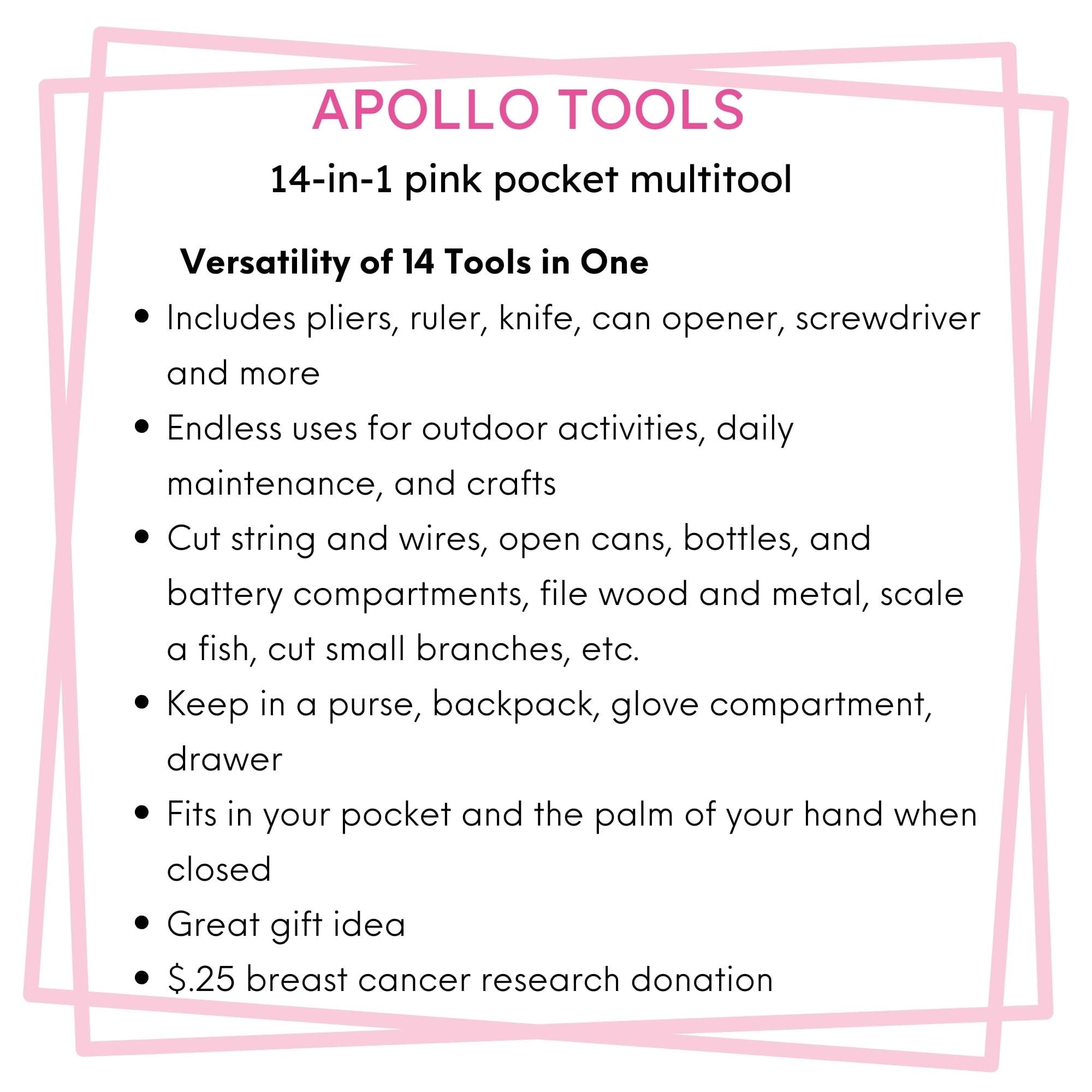 14-in-1 Pink High-Quality Pocket Multitool Pliers. Great for Outdoors, Camping, Fishing  --DT5015P Apollo Tools