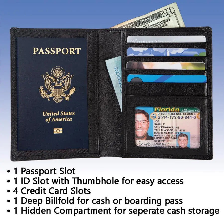 RFID Blocking Leather Passport Wallet ID Stronghold