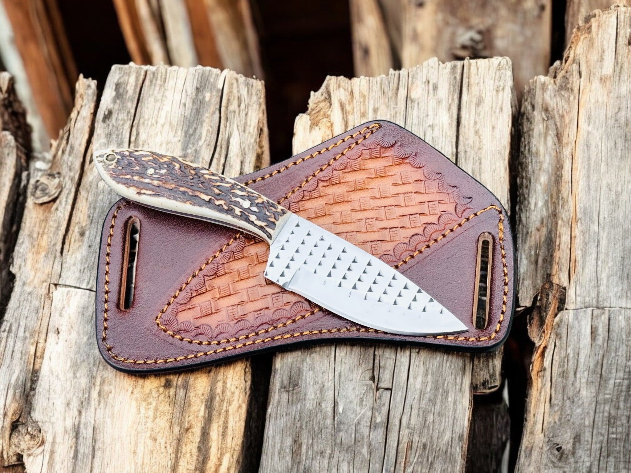 Handmade Cowboy Knife – Rasp Tool Steel & Antler Handle Damascus Knife Store