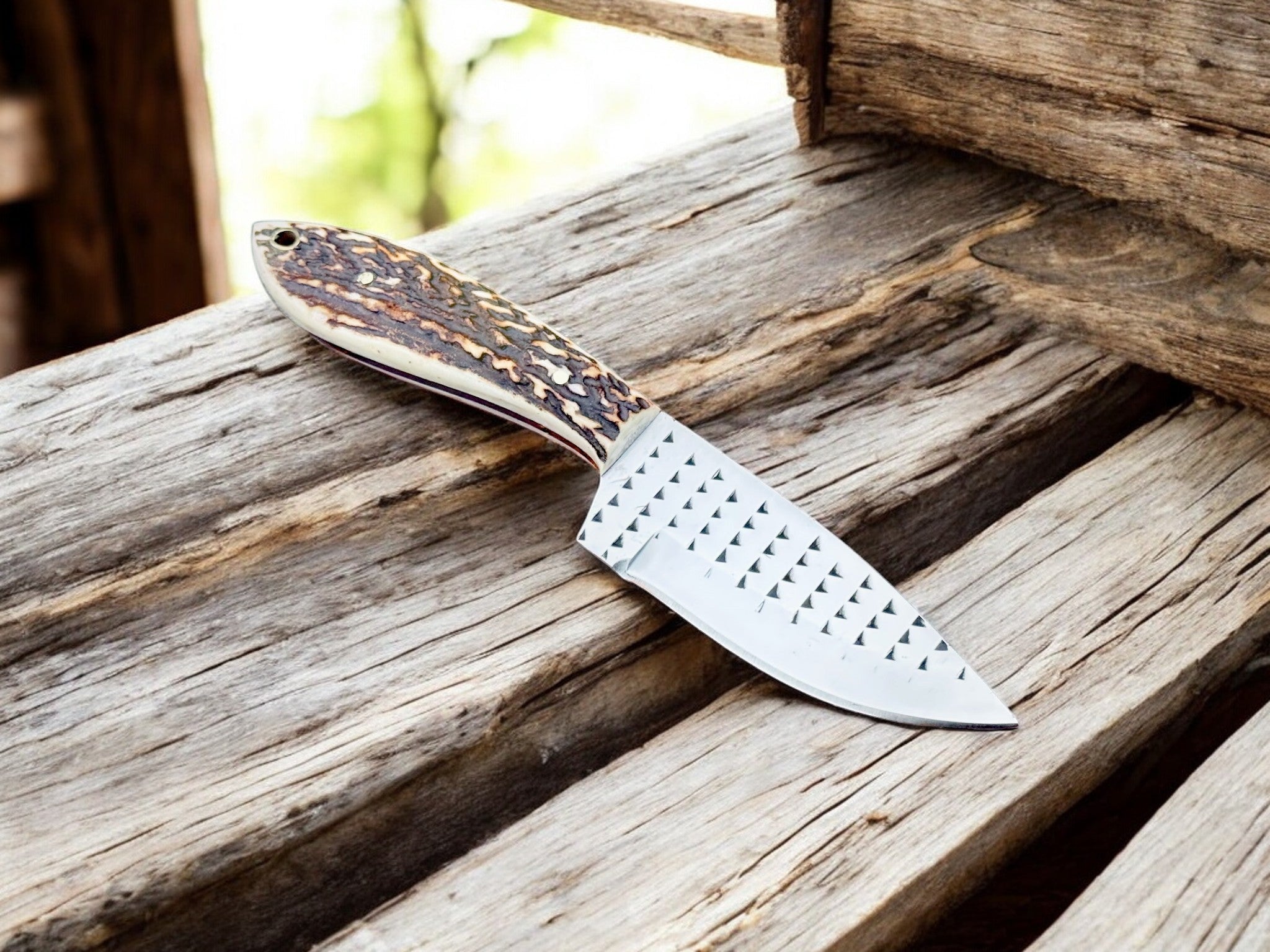 Handmade Cowboy Knife – Rasp Tool Steel & Antler Handle Damascus Knife Store