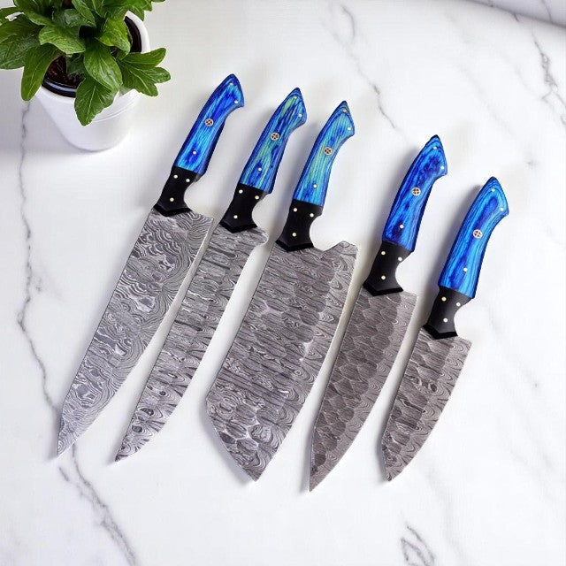 Custom Damascus Steel Knife Set with Leather Roll Damascus Knife Store
