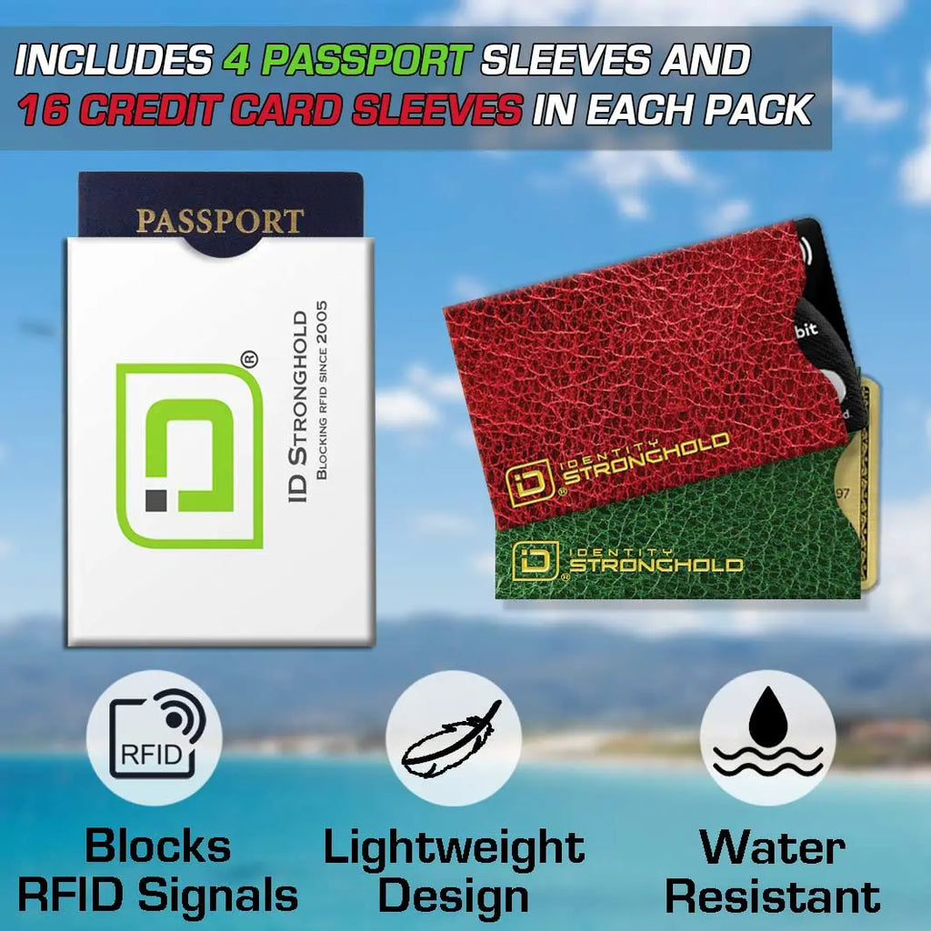 RFID Blocking Credit Card and Passport Sleeves - Leather Look 20 Pack ID Stronghold