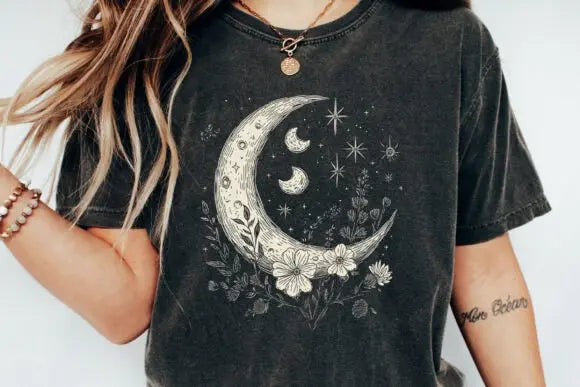 Moons and Stars Boho Flowers Vintage Unisex Bamboo/Cotton Graphic T-Shirt Spun Bamboo