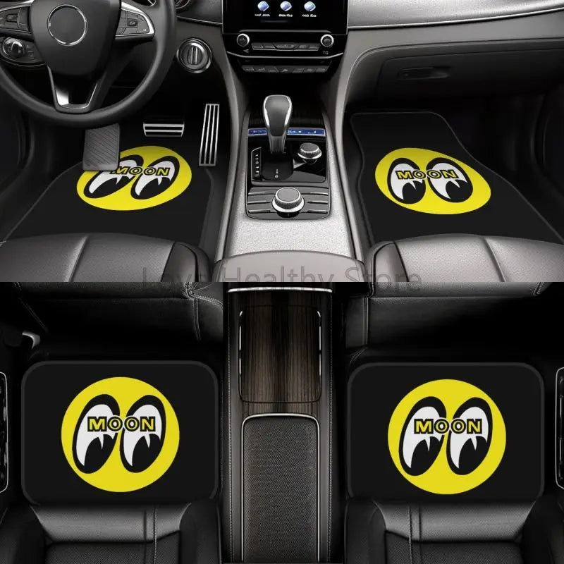 Moon Eyes Motorcycle Racing 4-Piece Car Floor Mats – Front 17.3×27 in (43.9×68.6 cm) & Rear 17.3×13.4 in (43.9×34.0 cm) Neoprene Rubber-Back All-Weather Mats FanzyMarket