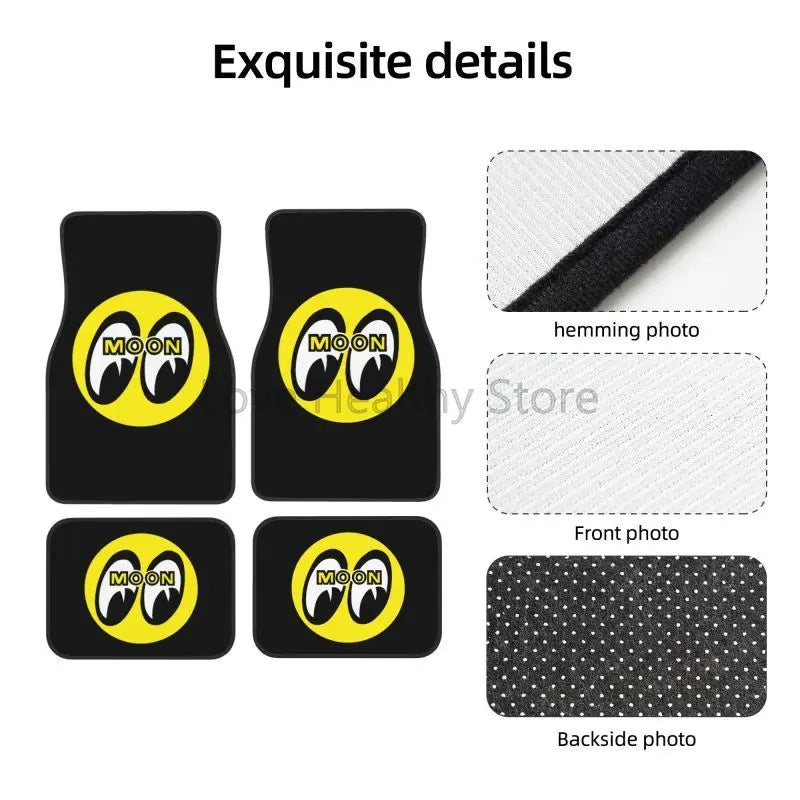 Moon Eyes Motorcycle Racing 4-Piece Car Floor Mats – Front 17.3×27 in (43.9×68.6 cm) & Rear 17.3×13.4 in (43.9×34.0 cm) Neoprene Rubber-Back All-Weather Mats FanzyMarket