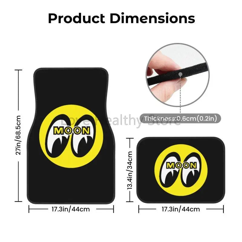Moon Eyes Motorcycle Racing 4-Piece Car Floor Mats – Front 17.3×27 in (43.9×68.6 cm) & Rear 17.3×13.4 in (43.9×34.0 cm) Neoprene Rubber-Back All-Weather Mats FanzyMarket