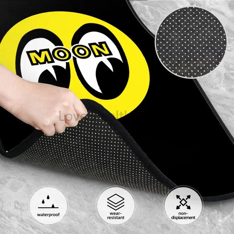 Moon Eyes Motorcycle Racing 4-Piece Car Floor Mats – Front 17.3×27 in (43.9×68.6 cm) & Rear 17.3×13.4 in (43.9×34.0 cm) Neoprene Rubber-Back All-Weather Mats FanzyMarket