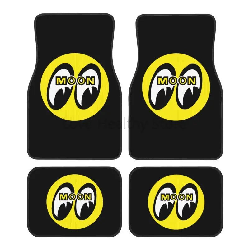 Moon Eyes Motorcycle Racing 4-Piece Car Floor Mats – Front 17.3×27 in (43.9×68.6 cm) & Rear 17.3×13.4 in (43.9×34.0 cm) Neoprene Rubber-Back All-Weather Mats FanzyMarket