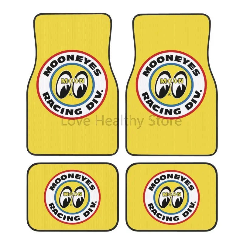 Moon Eyes Motorcycle Racing 4-Piece Car Floor Mats – Front 17.3×27 in (43.9×68.6 cm) & Rear 17.3×13.4 in (43.9×34.0 cm) Neoprene Rubber-Back All-Weather Mats FanzyMarket