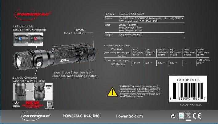 E9 GEN5 Long Throw- 3,000 Lumen  388 Meter  Tactical EDC Flashlight Powertac