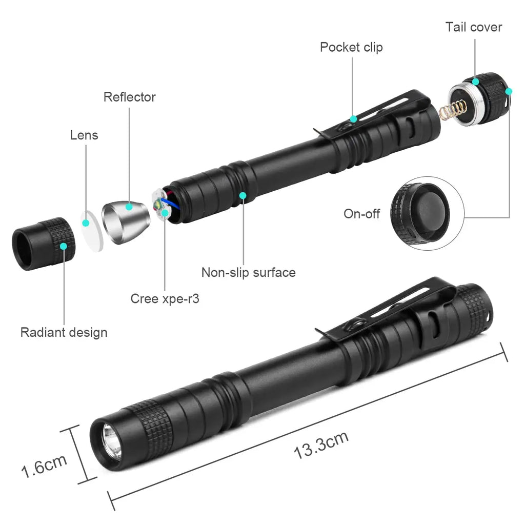 Portable Mini LED Pen Flashlight Pocket Waterproof Handheld Torch Light for Outdoor Camping Hiking Car Repair Emergency Home Use Econic Blanks