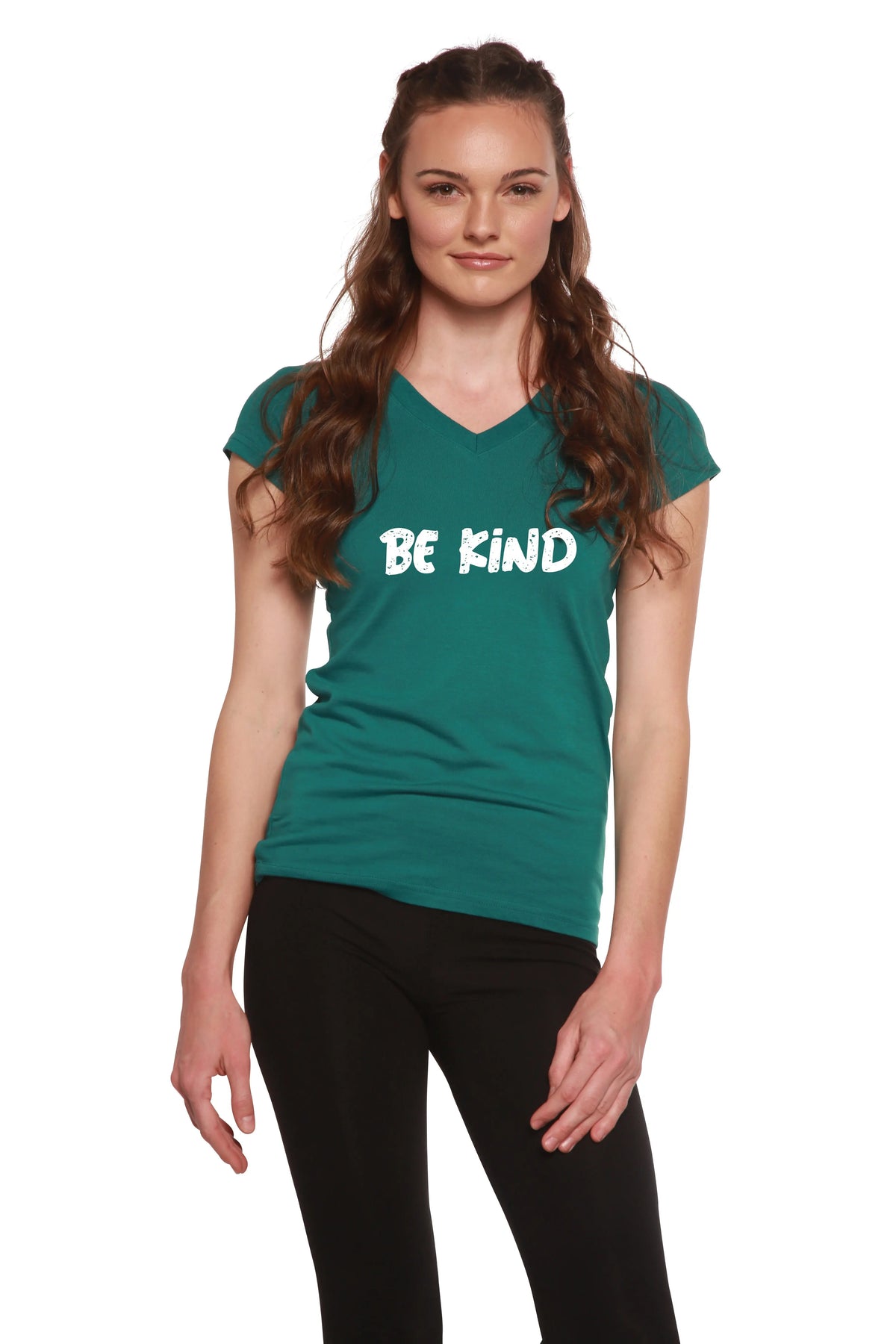 Be Kind Printed Women's Bamboo Viscose/Cotton V-Neck Cap Sleeve T-Shirt Spun Bamboo