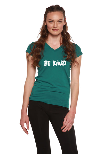 Be Kind Printed Women's Bamboo Viscose/Cotton V-Neck Cap Sleeve T-Shirt Spun Bamboo