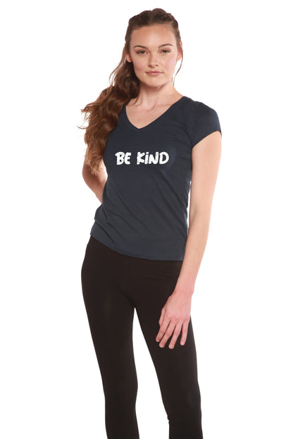 Be Kind Printed Women's Bamboo Viscose/Cotton V-Neck Cap Sleeve T-Shirt Spun Bamboo