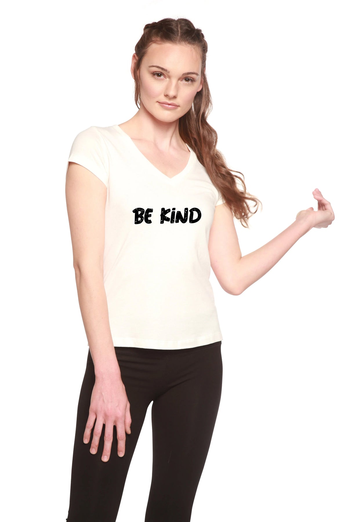 Be Kind Printed Women's Bamboo Viscose/Cotton V-Neck Cap Sleeve T-Shirt Spun Bamboo