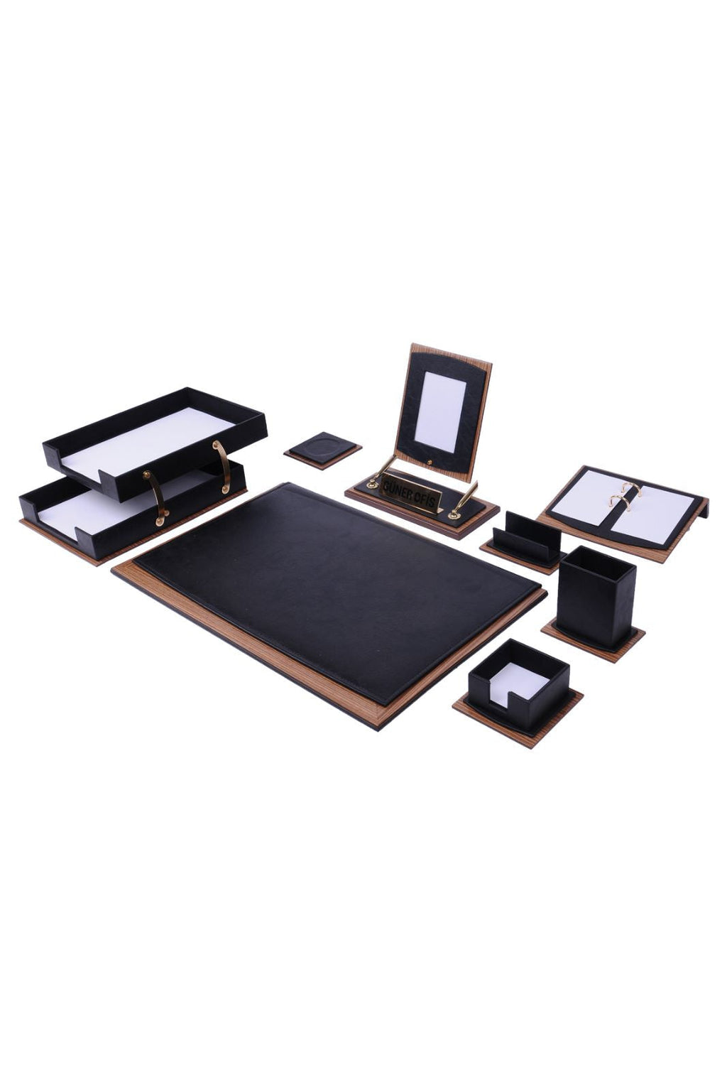 MOOG Star Leather Desk Set -Walnut Wood Combination -Double Document Tray - Gray -11 PCS Moogdesk