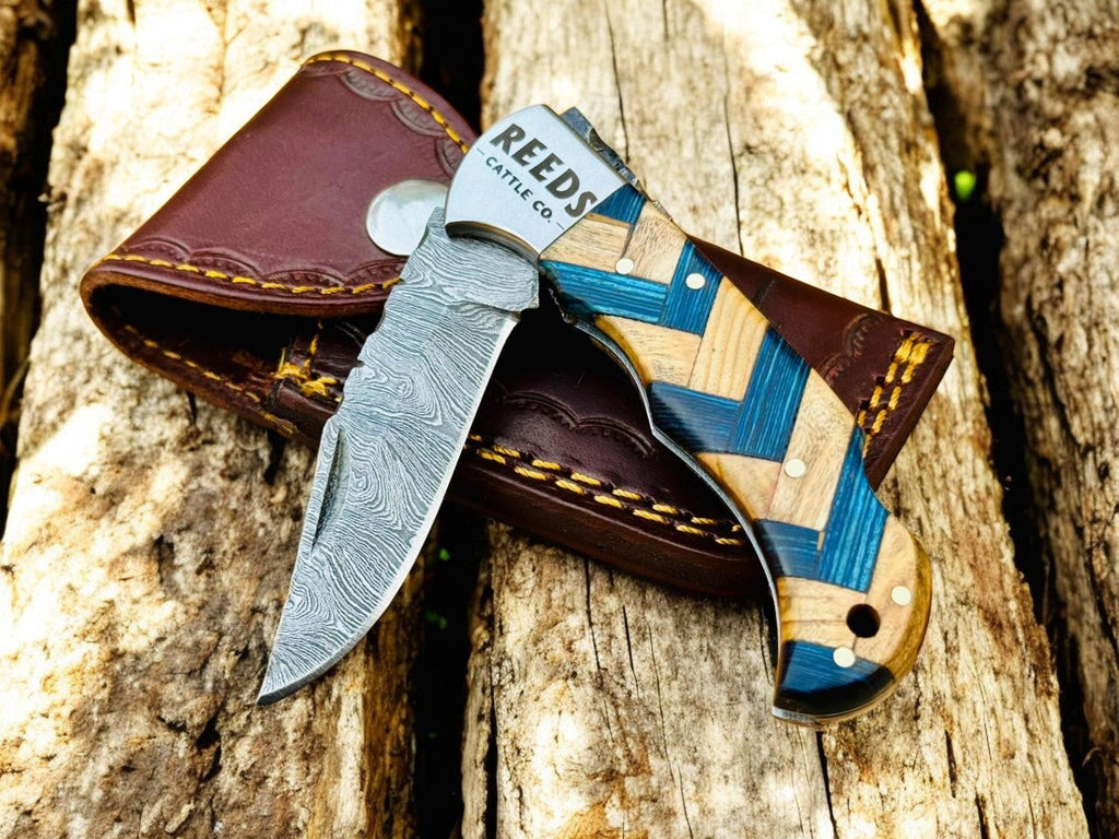 Damascus Pocket Knife with 3" Folding Blade & Olivewood Handle Damascus Knife Store