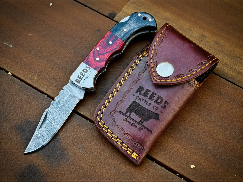 Folding Pocket Knife 3" Damascus Blade with Red/Black Pakka Wood Damascus Knife Store
