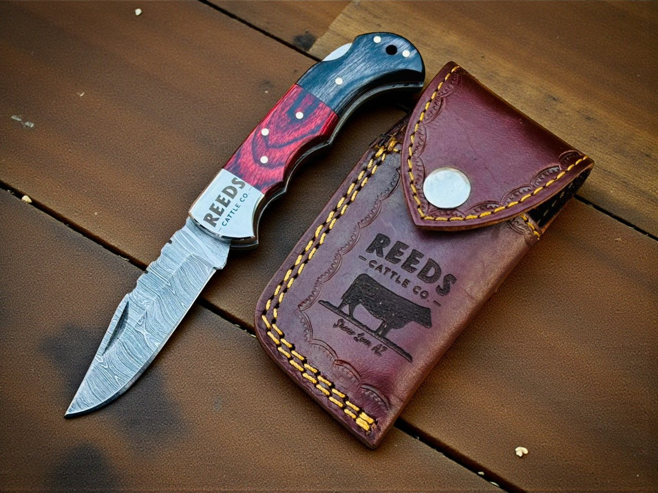 Folding Pocket Knife 3" Damascus Blade with Red/Black Pakka Wood Damascus Knife Store