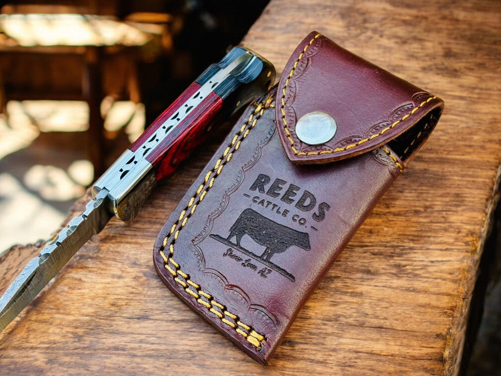 Folding Pocket Knife 3" Damascus Blade with Red/Black Pakka Wood Damascus Knife Store