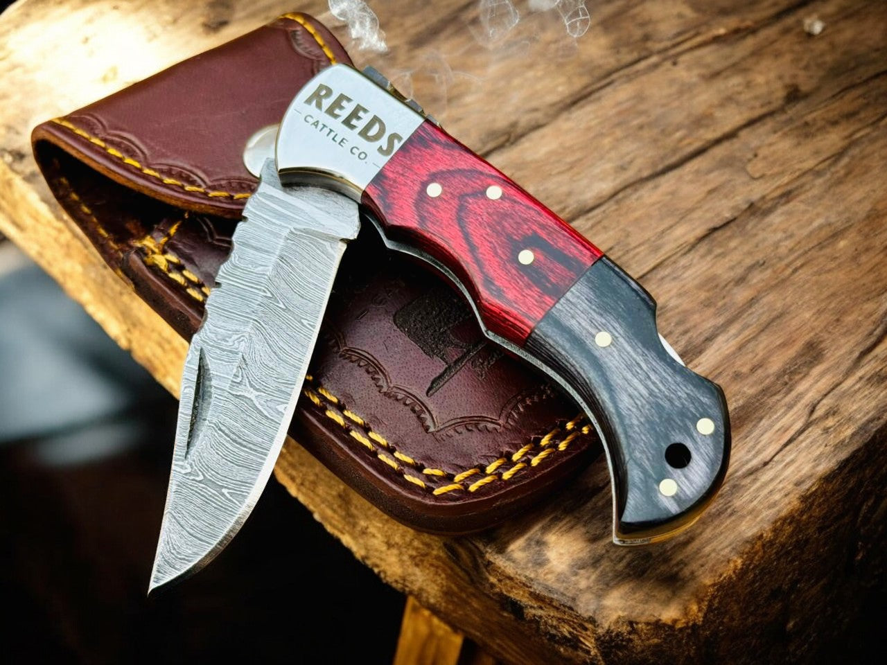 Folding Pocket Knife 3" Damascus Blade with Red/Black Pakka Wood Damascus Knife Store