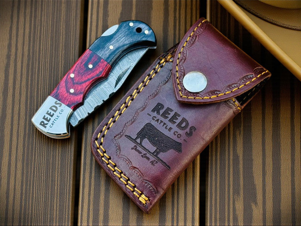 Folding Pocket Knife 3" Damascus Blade with Red/Black Pakka Wood Damascus Knife Store