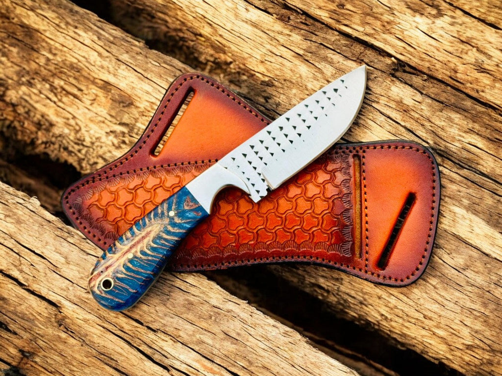 Hunting Knife with 4" Rasp Steel Blade & Blue Pine-Cone Resin Handle Damascus Knife Store