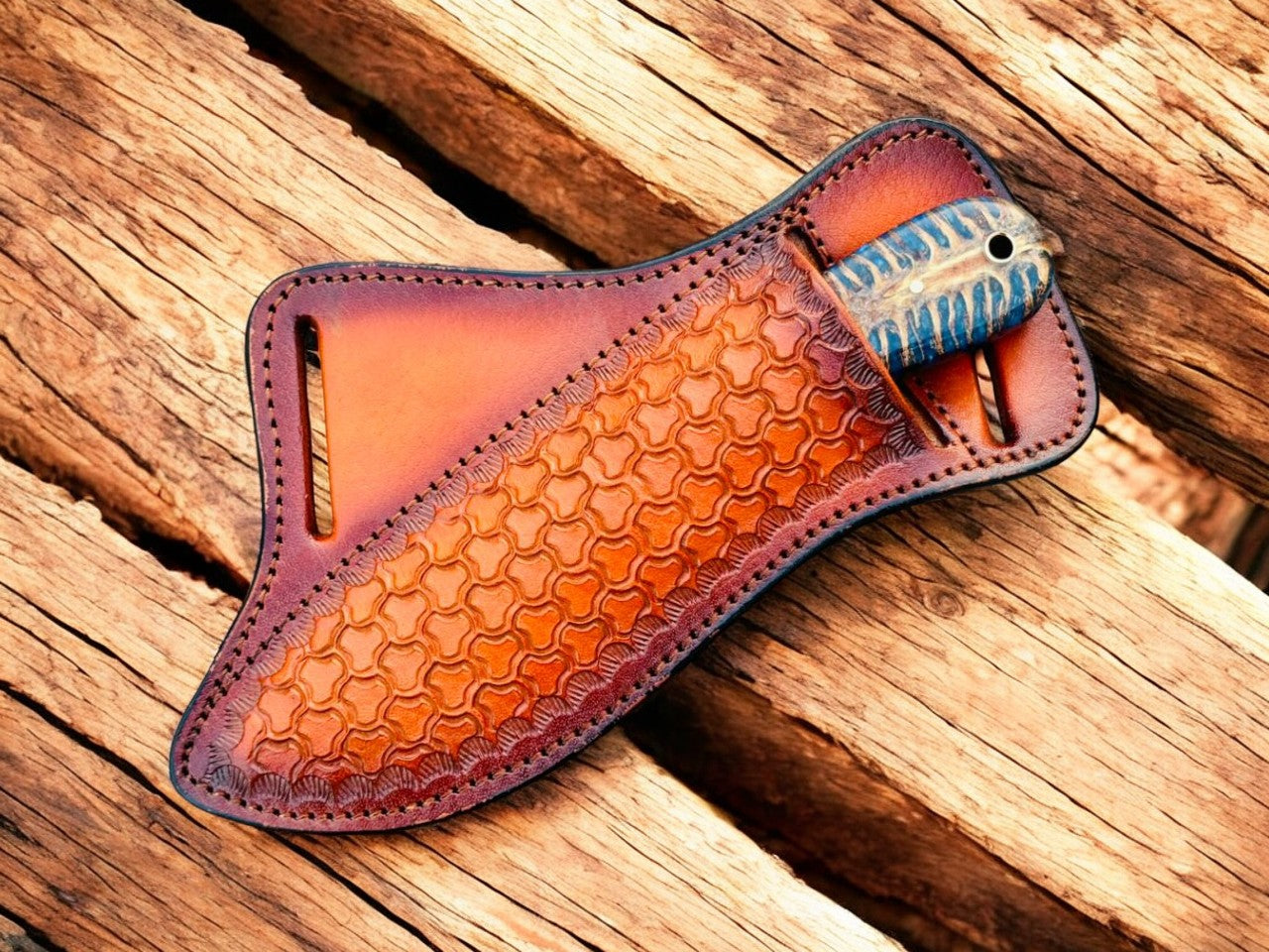 Hunting Knife with 4" Rasp Steel Blade & Blue Pine-Cone Resin Handle Damascus Knife Store