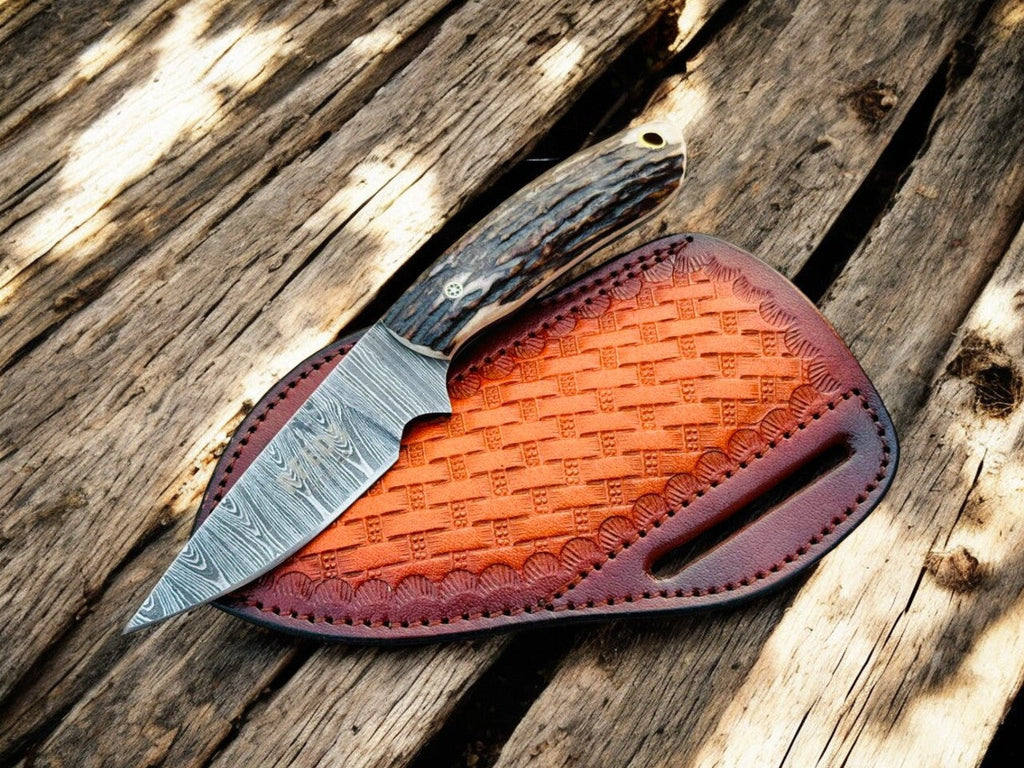 Belt Knife 3.5" Damascus Blade with Antler Horn Handle & Sheath Damascus Knife Store