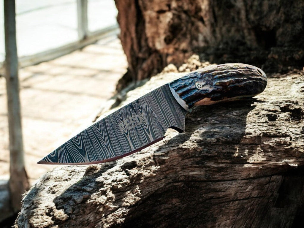 Belt Knife 3.5" Damascus Blade with Antler Horn Handle & Sheath Damascus Knife Store