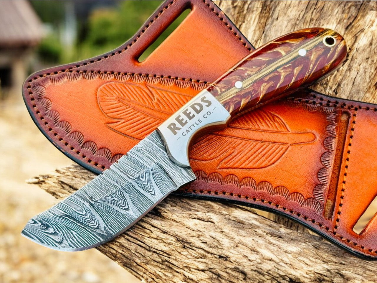 Cowboy Knife 3.25" Damascus Blade with Red Pine Cone Resin Handle Damascus Knife Store