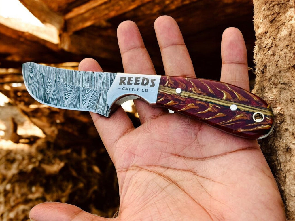 Cowboy Knife 3.25" Damascus Blade with Red Pine Cone Resin Handle Damascus Knife Store
