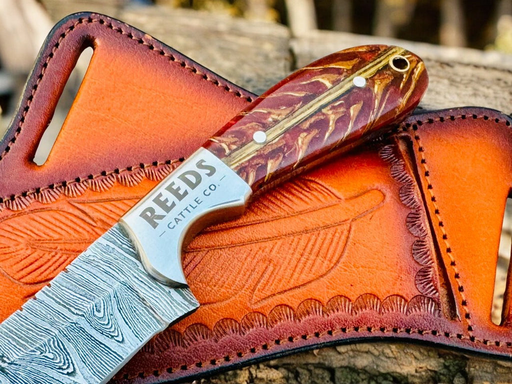 Cowboy Knife 3.25" Damascus Blade with Red Pine Cone Resin Handle Damascus Knife Store