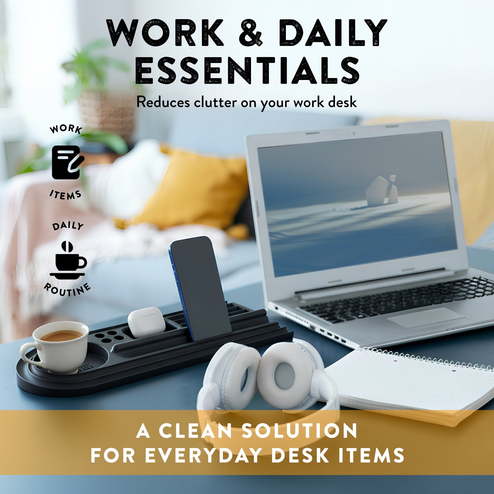 Silicone Desk Organizer Tray | Tech & Office Accessory Holder for iPhone, iPad, Mobile Phones, Tablets, Pens 15.25” × 5.5”